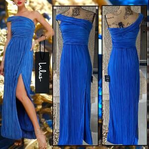 Lulus Poised Performance Blue Plisse One-Shoulder Maxi Dress Size XL NEW